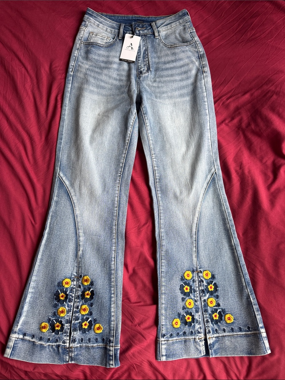 SHEIN Light Blue Flare Jeans with Yellow Floral Embroidery